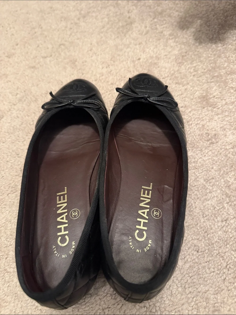 CHANEL Black Quilted Leather Ballet Flat with CC Cap Toe